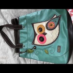 FUN OWL DESIGN TOTE.. TURQUOISE AND BROWN.